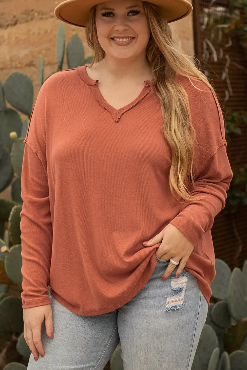 Grateful Threads Boutique Gold Flame Exposed Seam V Neck Long Sleeve Top PLUS - Blouses