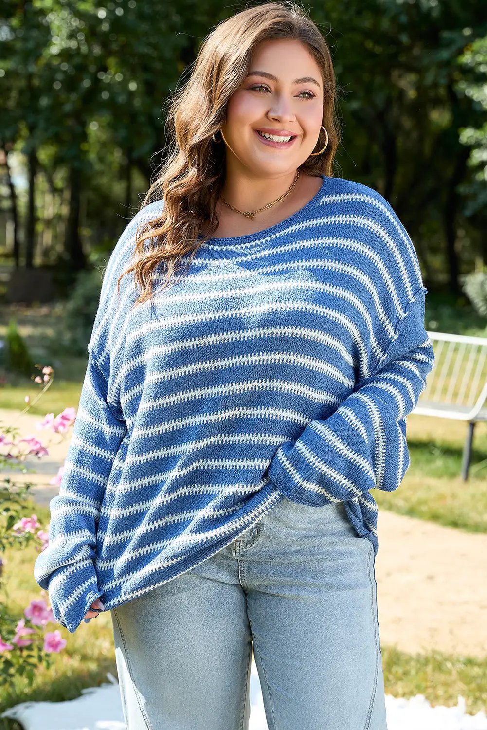 Grateful Threads Boutique Plus Size Blue Striped Drop Shoulder Sweater - Sweaters Sky Blue Stripe Drop Shoulder Casual Sweater