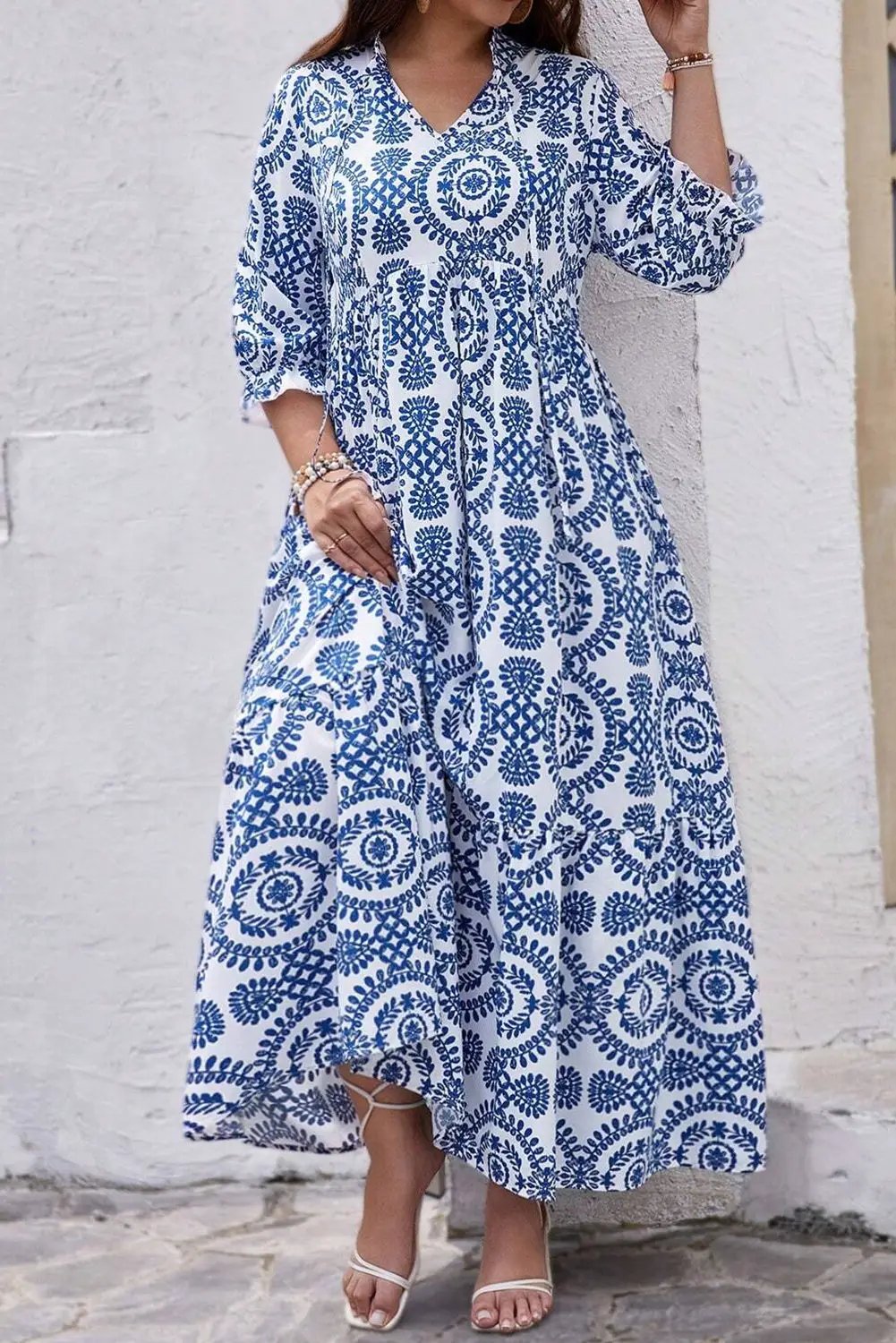 Grateful Threads Boutique Blue Geometric Lace Up Maxi Dress PLUS - Dresses