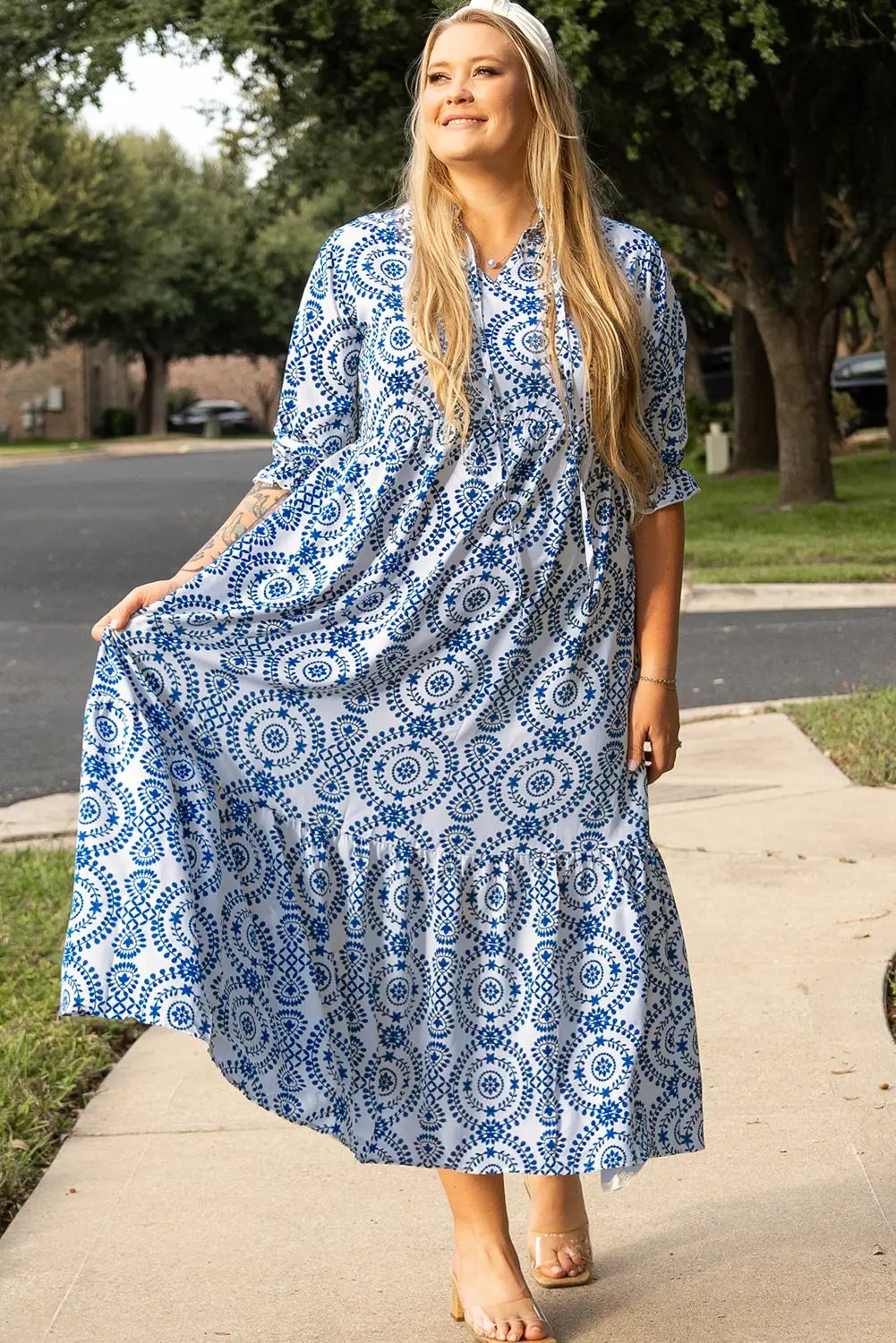Grateful Threads Boutique Blue Geometric Lace Up Maxi Dress PLUS - Dresses