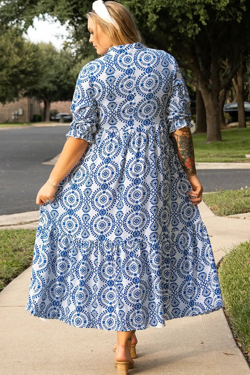 Grateful Threads Boutique Blue Geometric Lace Up Maxi Dress PLUS - Dresses