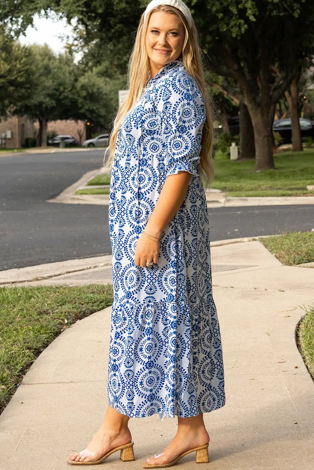 Grateful Threads Boutique Blue Geometric Lace Up Maxi Dress PLUS - Dresses