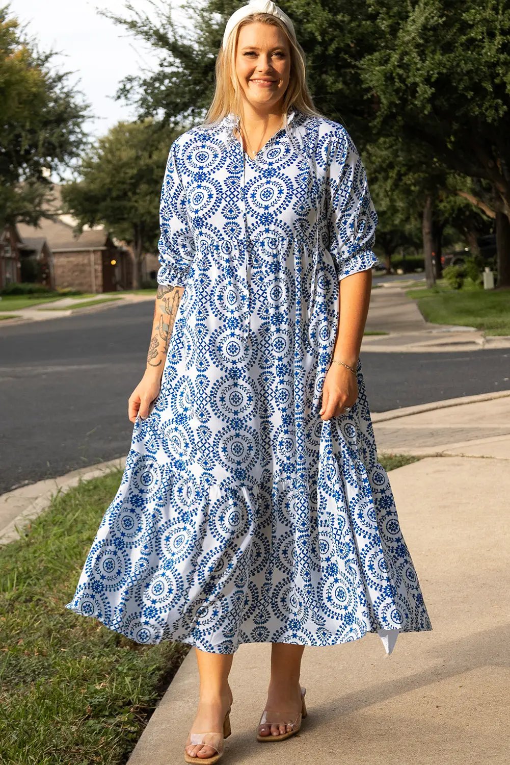 Grateful Threads Boutique Blue Geometric Lace Up Maxi Dress PLUS - Dresses