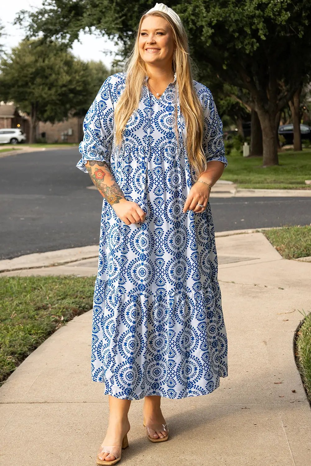 Grateful Threads Boutique Blue Geometric Lace Up Maxi Dress PLUS - Dresses