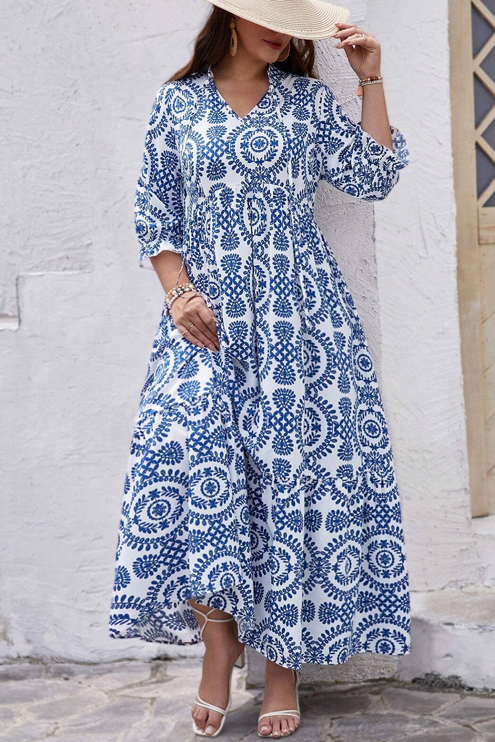 Grateful Threads Boutique Blue Geometric Lace Up Maxi Dress PLUS - Dresses
