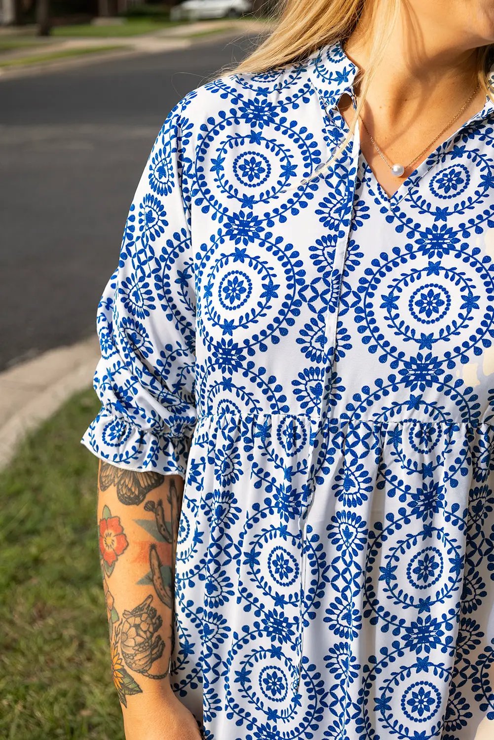 Grateful Threads Boutique Blue Geometric Lace Up Maxi Dress PLUS - Dresses