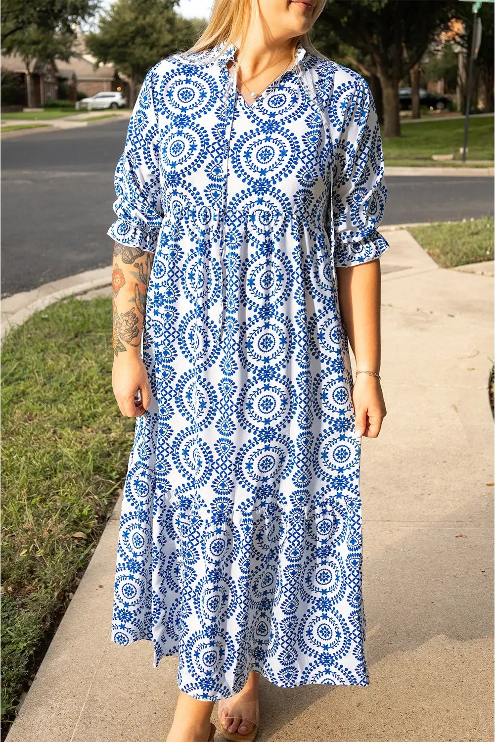 Grateful Threads Boutique Blue Geometric Lace Up Maxi Dress PLUS - Dresses