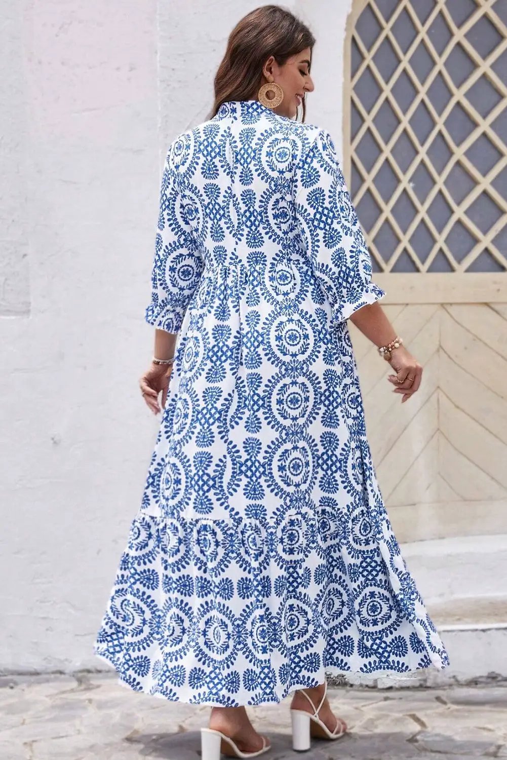 Grateful Threads Boutique Blue Geometric Lace Up Maxi Dress PLUS - Dresses