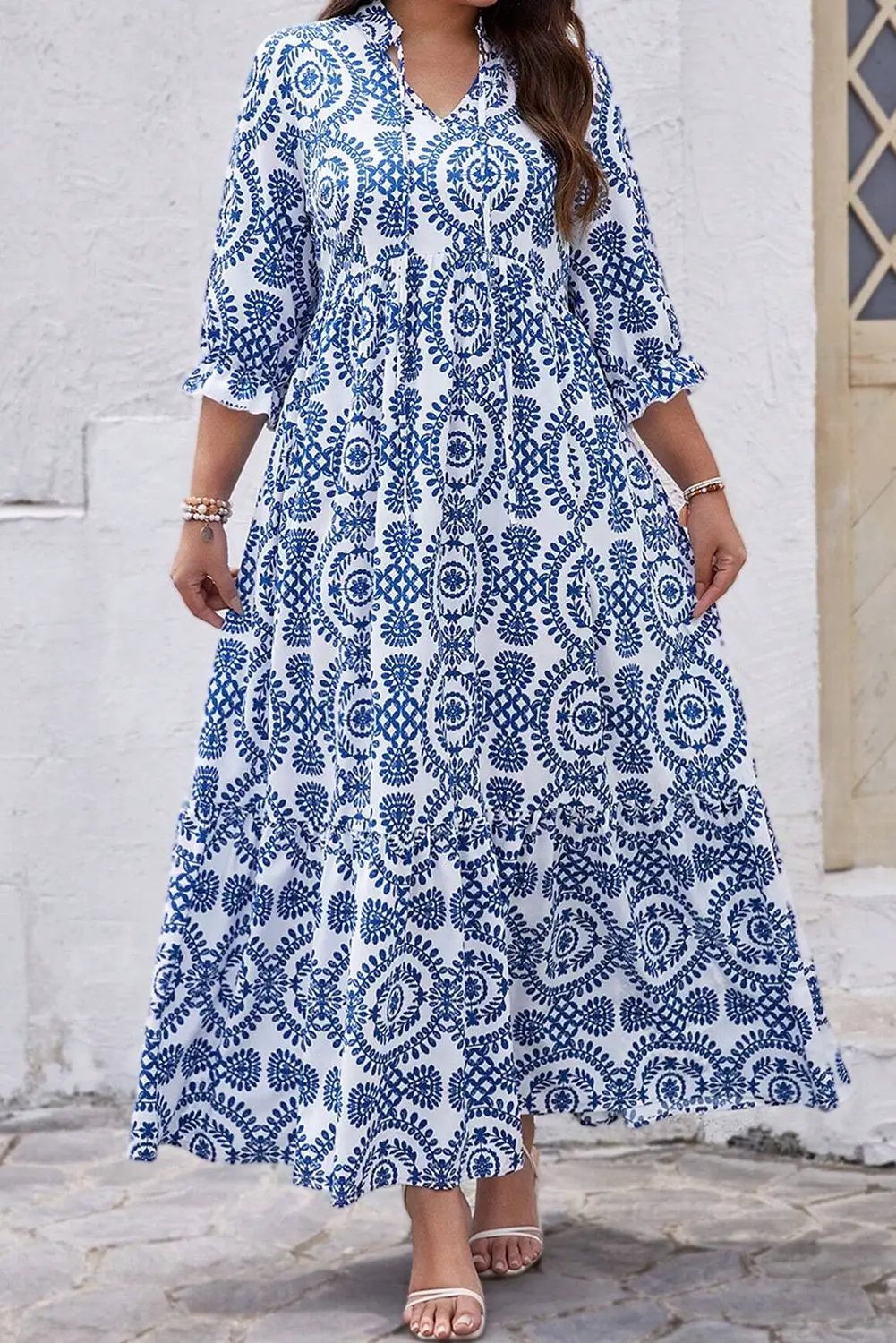Grateful Threads Boutique Blue Geometric Lace Up Maxi Dress PLUS - Dresses