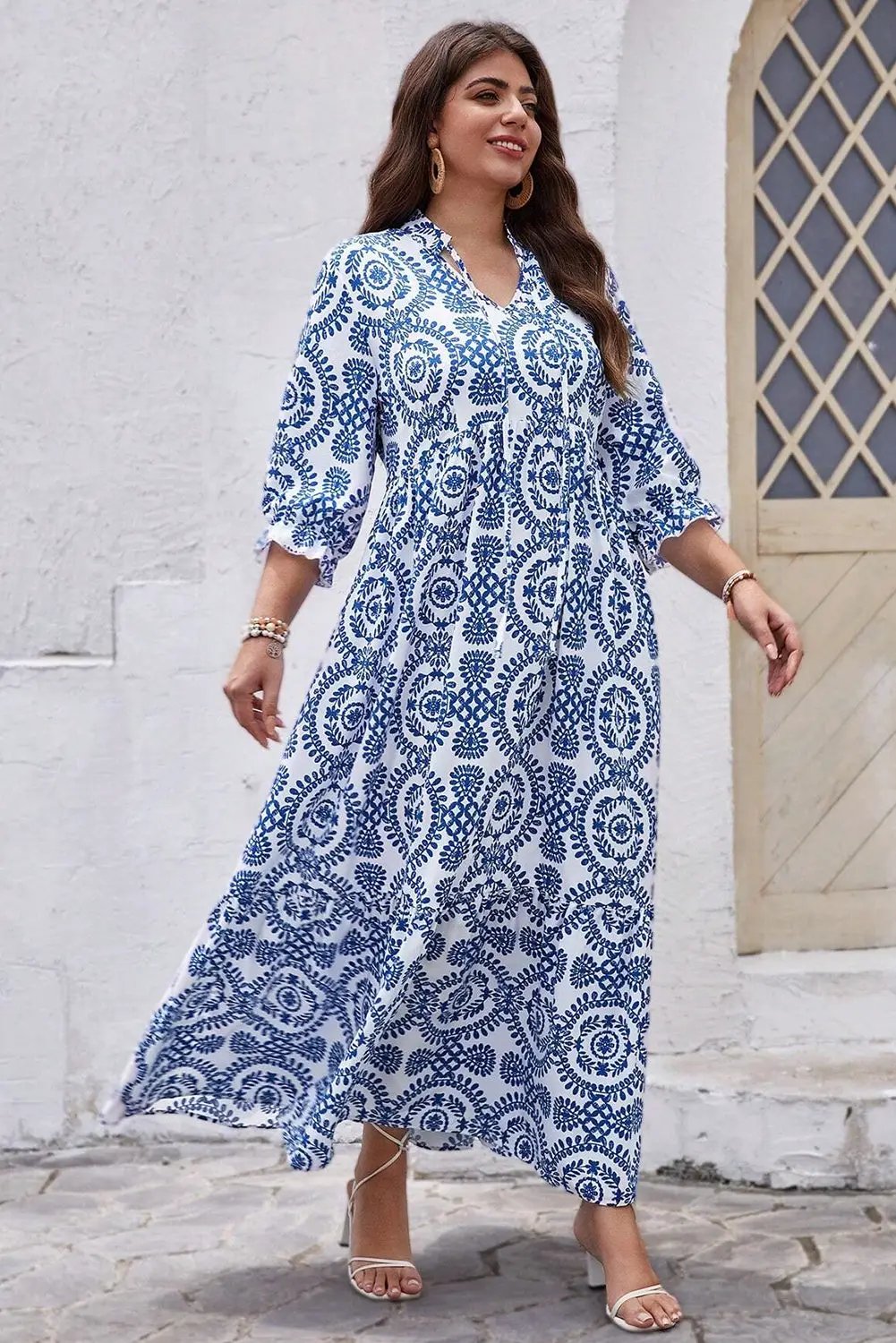 Grateful Threads Boutique Blue Geometric Lace Up Maxi Dress PLUS - Dresses