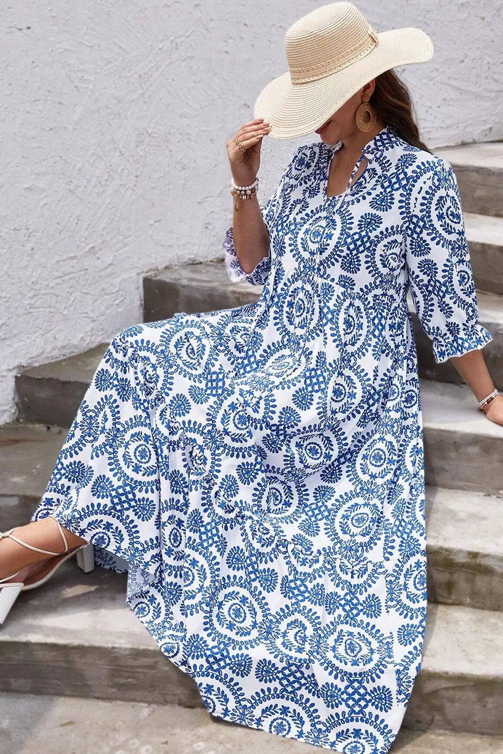 Grateful Threads Boutique Blue Geometric Lace Up Maxi Dress PLUS - Dresses