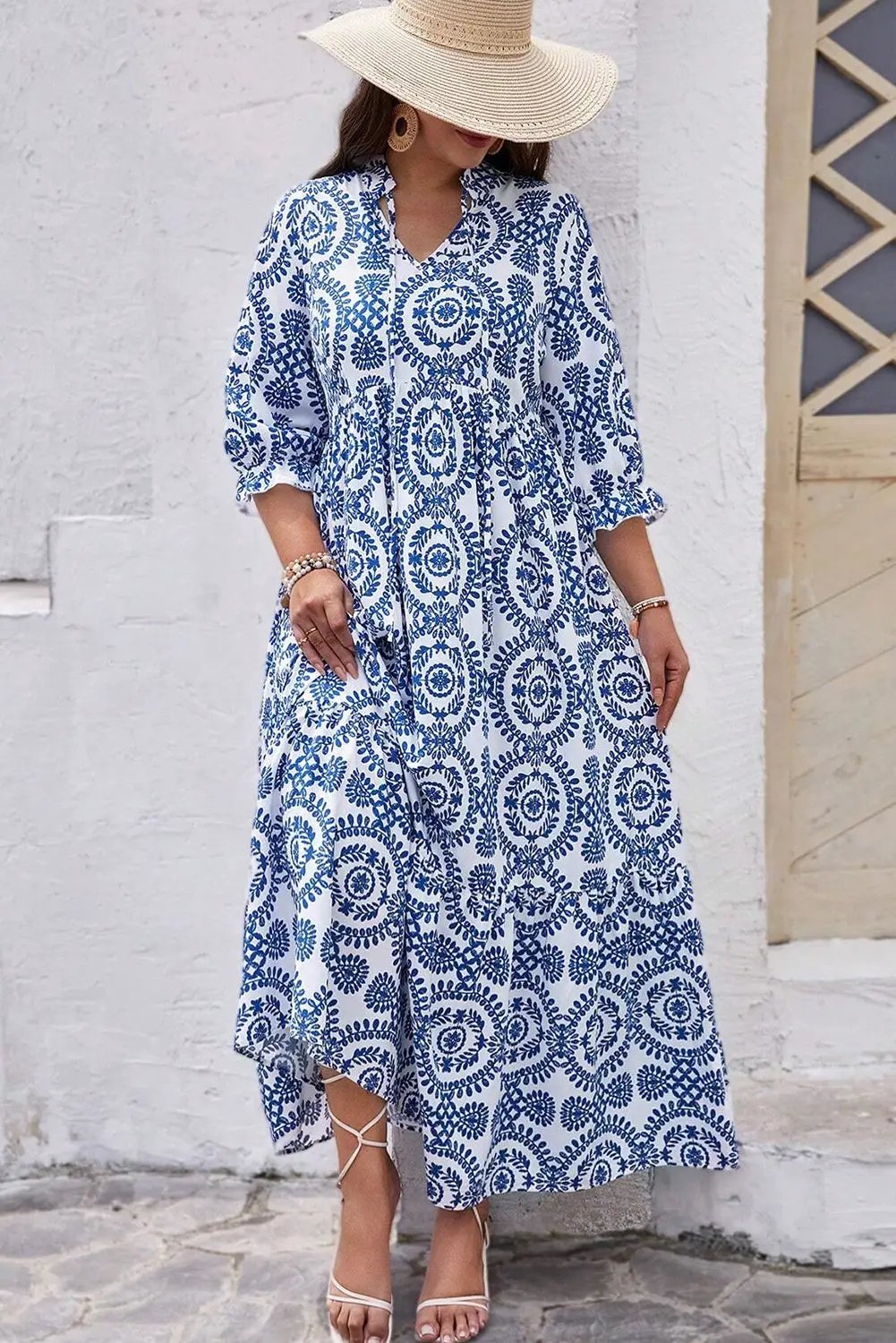 Grateful Threads Boutique Blue Geometric Lace Up Maxi Dress PLUS - Dresses