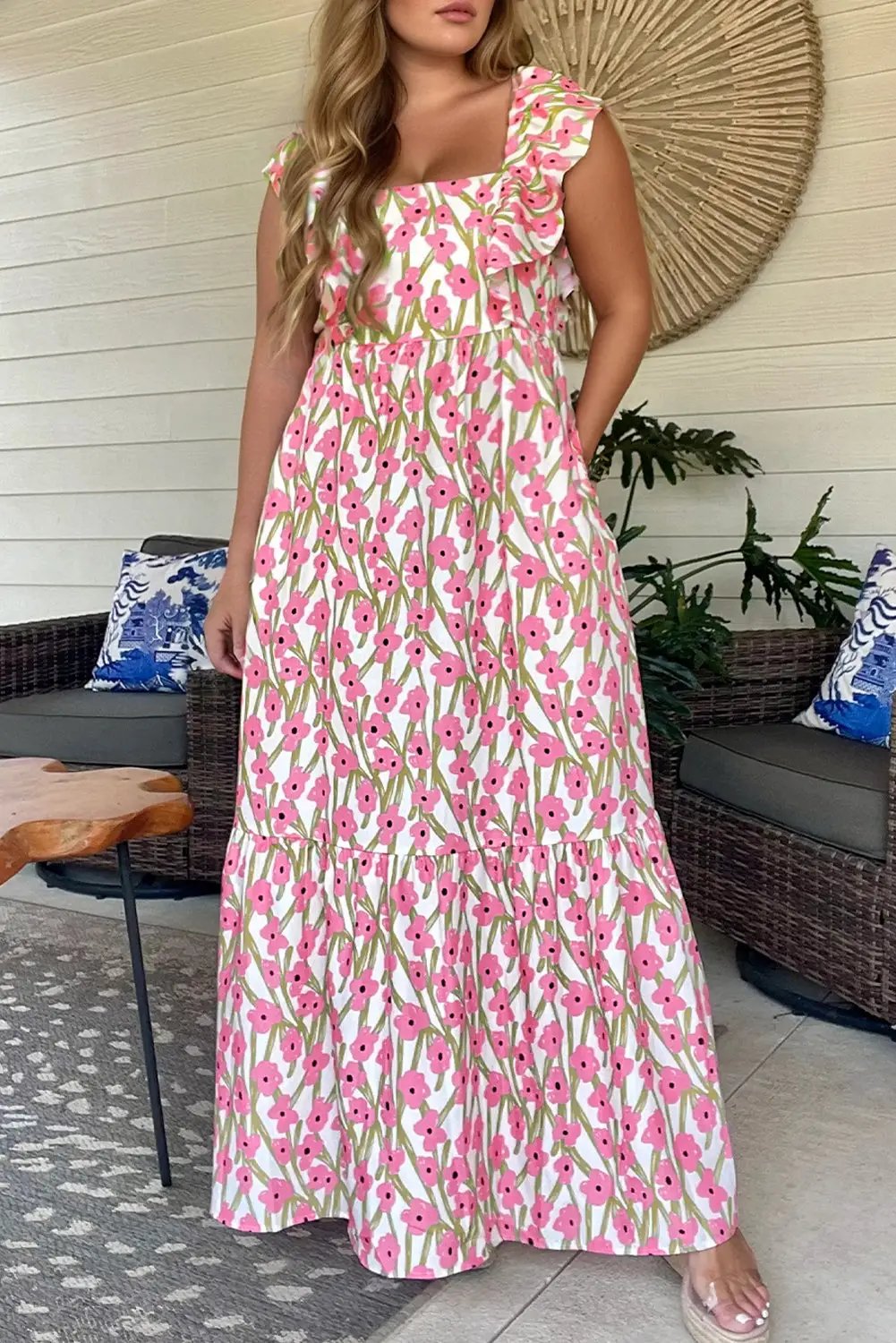 Grateful Threads Boutique Pink Plus Size Ruffle Trim Square Neck High Waist Floral Maxi Dress - Dresses Pink Plus Size Ruffle Trim Square Neck High Waist Floral Maxi Dress