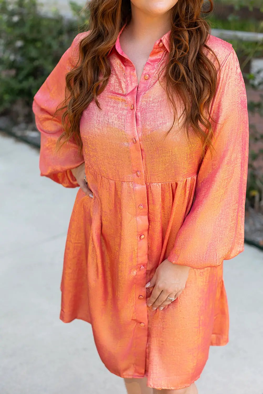 Grateful Threads Boutique Peach Blossom Metallic Balloon Sleeve Mini Dress PLUS - Dresses
