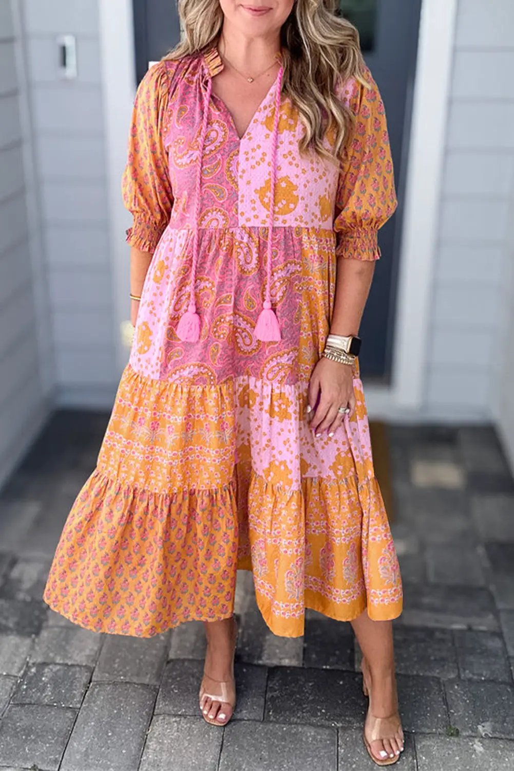 Grateful Threads Boutique Pink Boho Paisley Floral Mixed Patchwork Tassel Tie Plus Size Midi Dress - Dresses Pink Boho Paisley Floral Mixed Patchwork Tassel Tie Plus Size Midi Dress