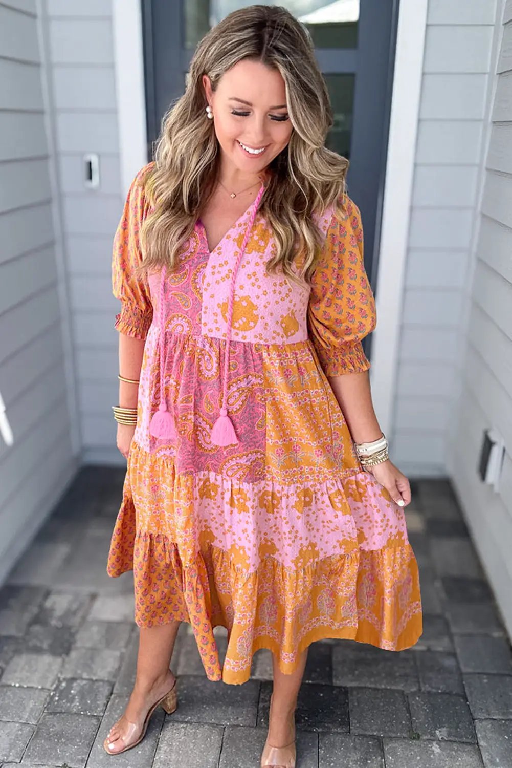 Grateful Threads Boutique Pink Boho Paisley Floral Mixed Patchwork Tassel Tie Plus Size Midi Dress - Dresses Pink Boho Paisley Floral Mixed Patchwork Tassel Tie Plus Size Midi Dress