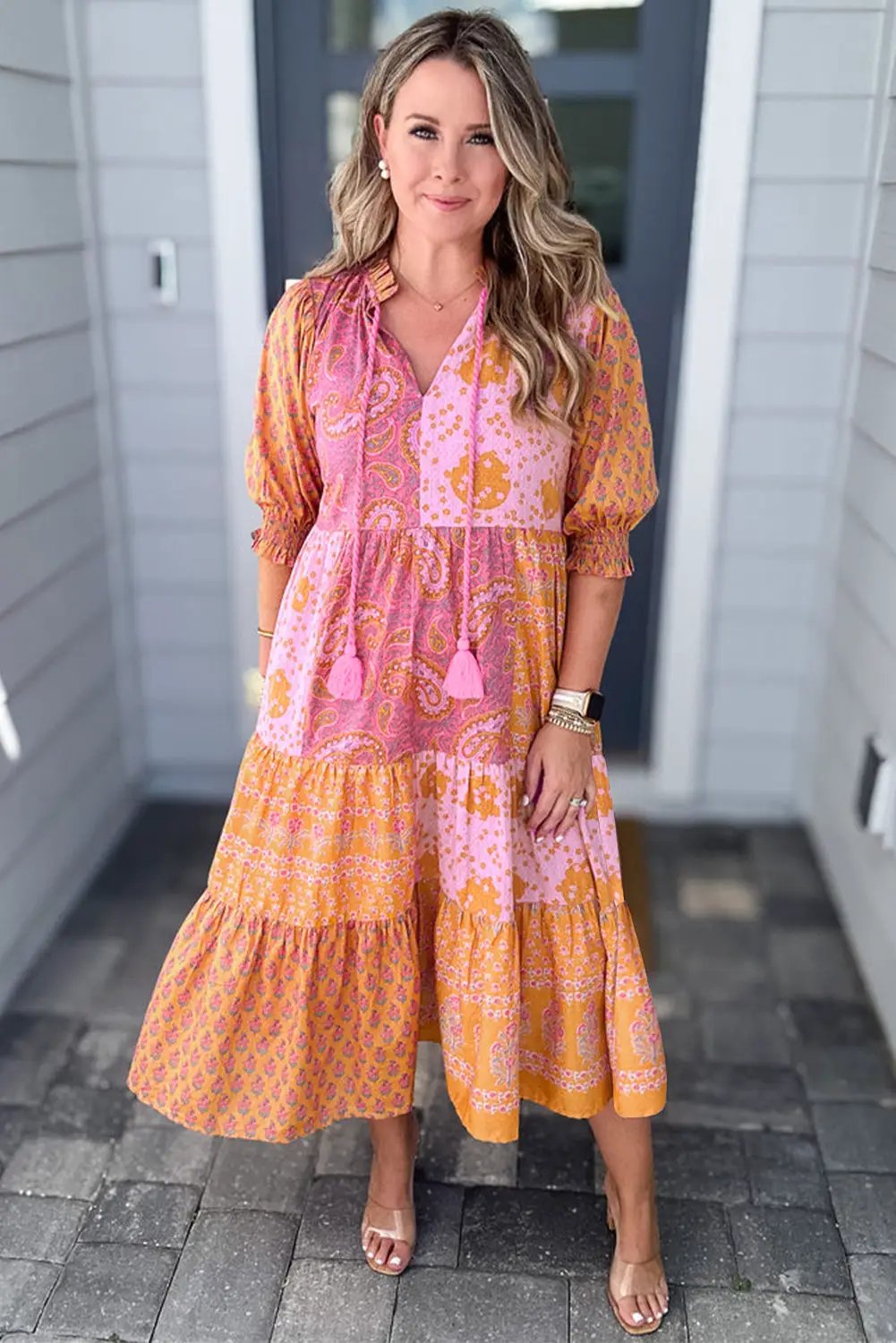 Grateful Threads Boutique Pink Boho Paisley Floral Mixed Patchwork Tassel Tie Plus Size Midi Dress - Dresses Pink Boho Paisley Floral Mixed Patchwork Tassel Tie Plus Size Midi Dress