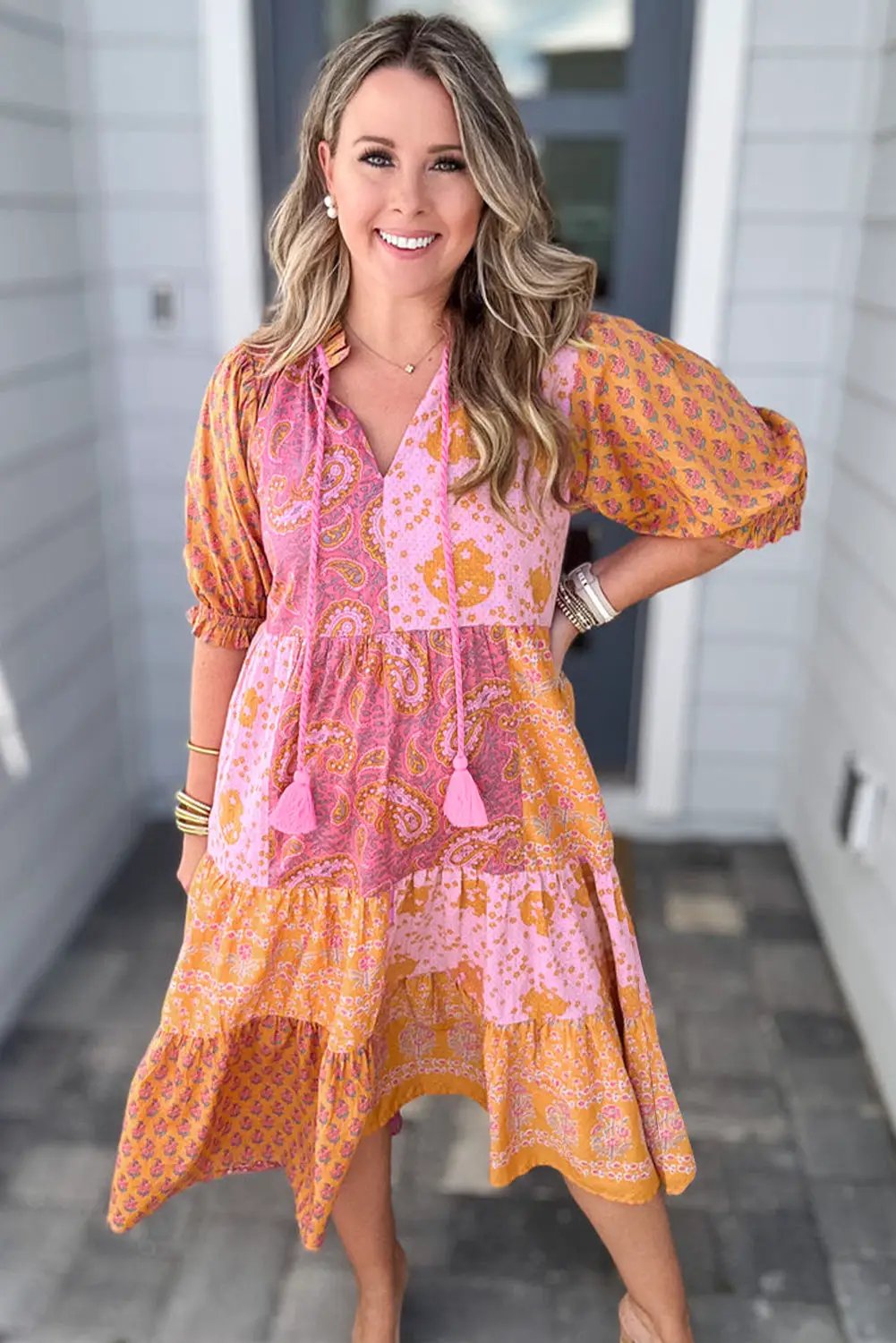 Grateful Threads Boutique Pink Boho Paisley Floral Mixed Patchwork Tassel Tie Plus Size Midi Dress - Dresses Pink Boho Paisley Floral Mixed Patchwork Tassel Tie Plus Size Midi Dress