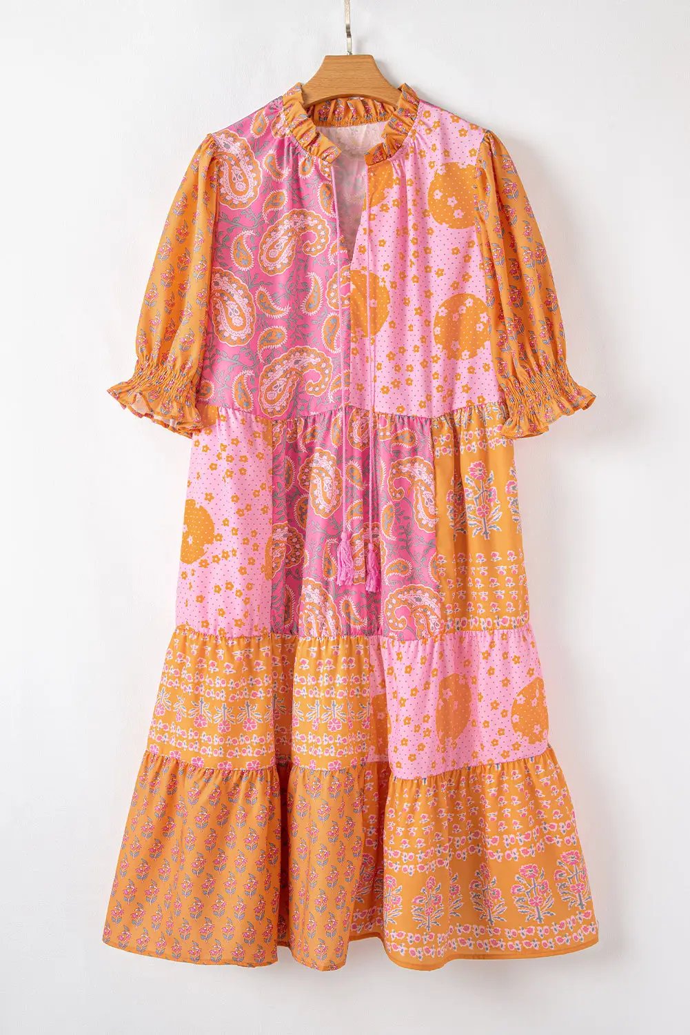 Grateful Threads Boutique Pink Boho Paisley Floral Mixed Patchwork Tassel Tie Plus Size Midi Dress - Dresses Pink Boho Paisley Floral Mixed Patchwork Tassel Tie Plus Size Midi Dress