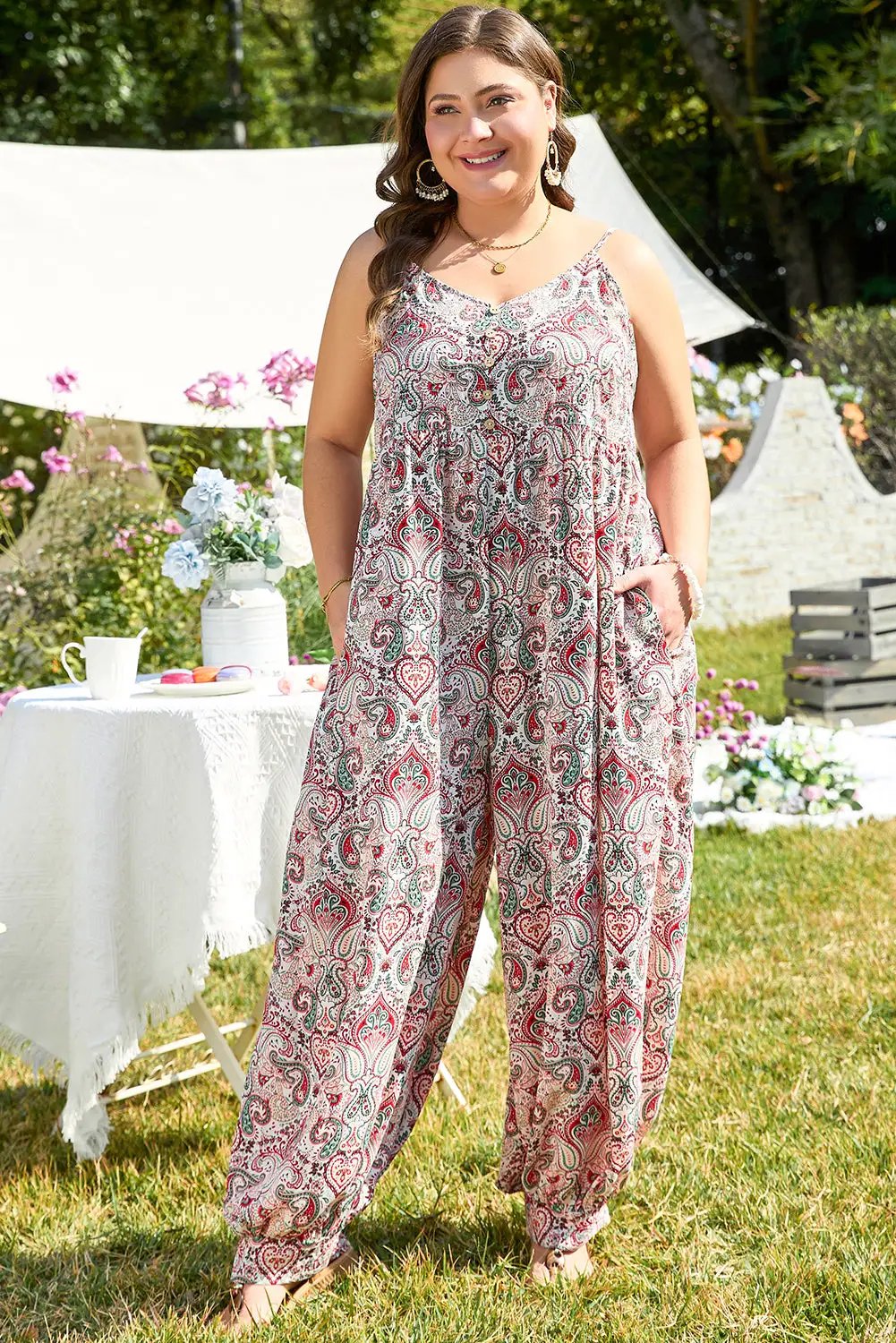 Grateful Threads Boutique Multicolor Plus Size Paisley Print Sleeveless V Neck Jogger Jumpsuit - One-Pieces Multicolor Plus Size Paisley Print Sleeveless V Neck Jogger Jumpsuit
