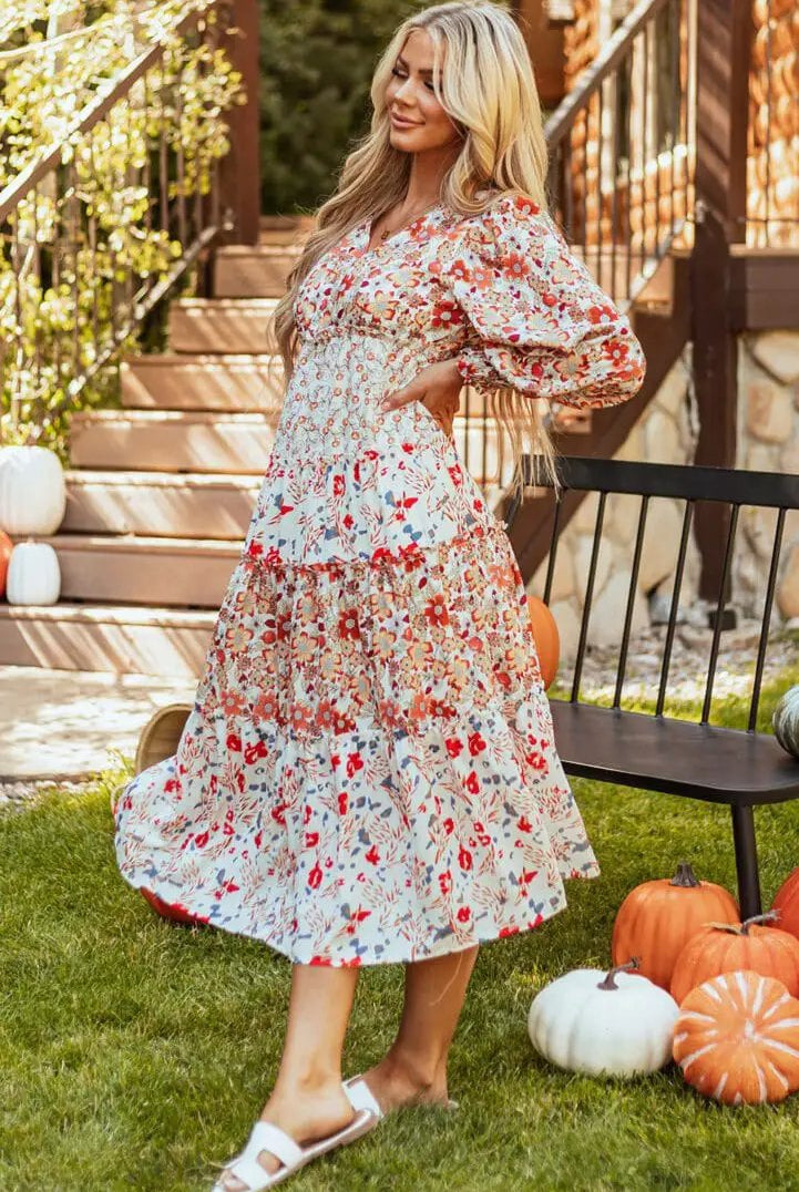 Grateful Threads Boutique The Pumpkin Patch Dress – Khaki Floral Tiered Midi for Fall Fun - Dresses