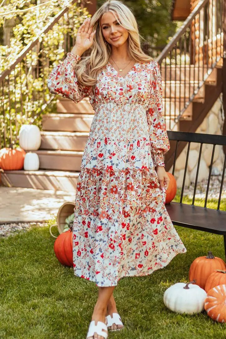 Grateful Threads Boutique The Pumpkin Patch Dress – Khaki Floral Tiered Midi for Fall Fun - Dresses