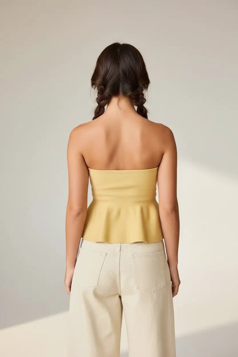 Papermoon The Ellie Strapless Knit Peplum Top: BUTTER - Clothing Tops