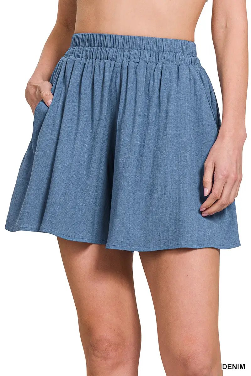 Zenana Zenana Woven Elastic Band Short Pants With Pocket - Short Trousers