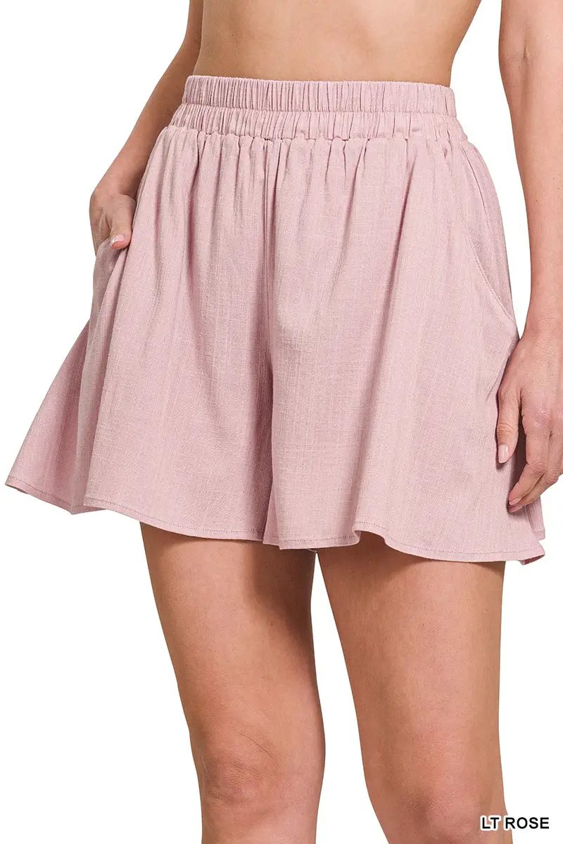 Zenana Zenana Woven Elastic Band Short Pants With Pocket - Short Trousers