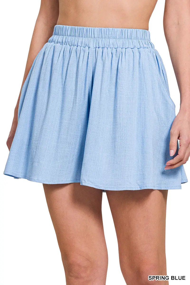Zenana Zenana Woven Elastic Band Short Pants With Pocket - Short Trousers