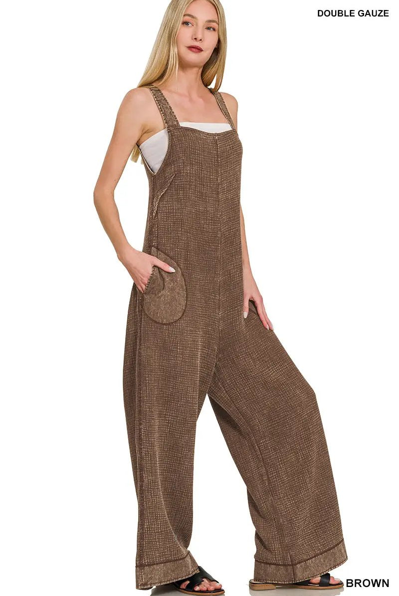 Zenana Zenana Double Gauze Washed Wide Leg Overalls - One-Pieces Zenana Double Gauze Washed Wide Leg Overalls
