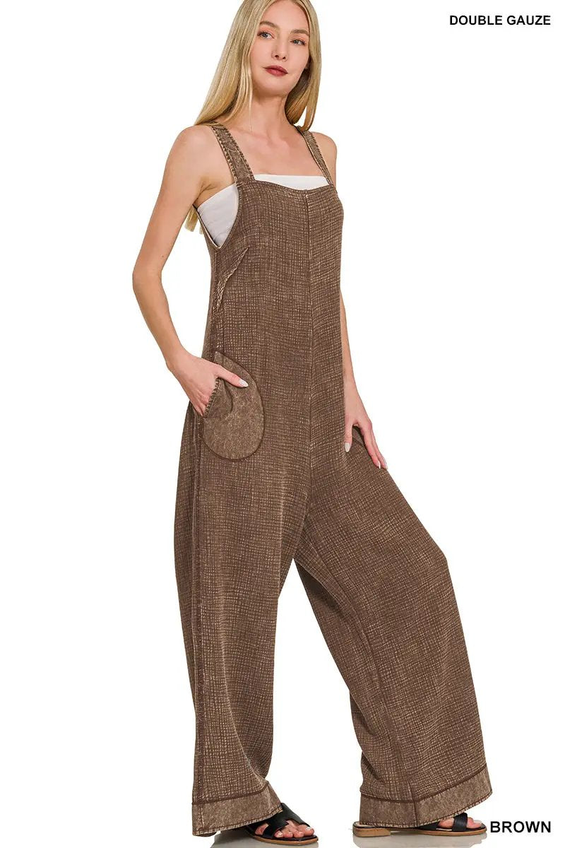 Zenana Zenana Double Gauze Washed Wide Leg Overalls - One-Pieces Zenana Double Gauze Washed Wide Leg Overalls
