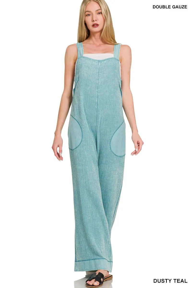Zenana Zenana Double Gauze Washed Wide Leg Overalls - One-Pieces Zenana Double Gauze Washed Wide Leg Overalls