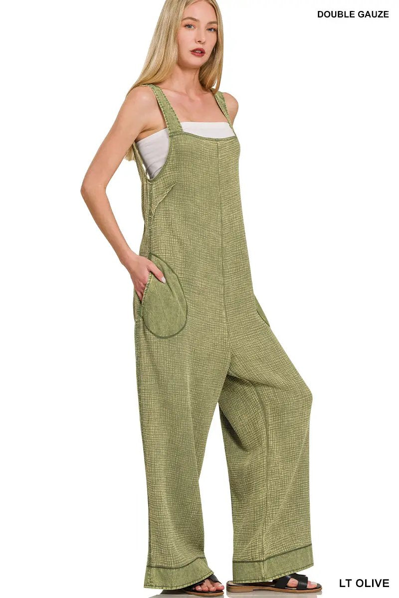 Zenana Zenana Double Gauze Washed Wide Leg Overalls - One-Pieces Zenana Double Gauze Washed Wide Leg Overalls