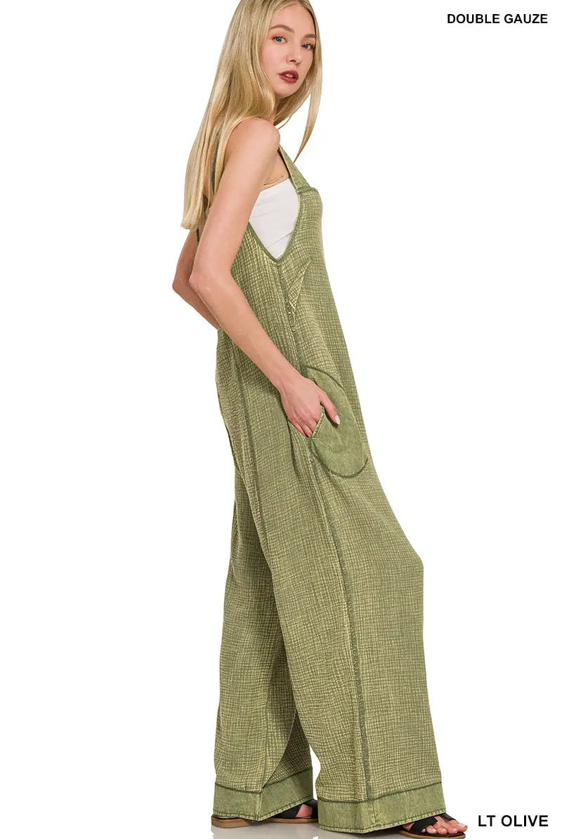 Zenana Zenana Double Gauze Washed Wide Leg Overalls - One-Pieces Zenana Double Gauze Washed Wide Leg Overalls