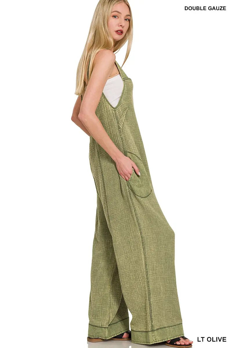 Zenana Zenana Double Gauze Washed Wide Leg Overalls - One-Pieces Zenana Double Gauze Washed Wide Leg Overalls