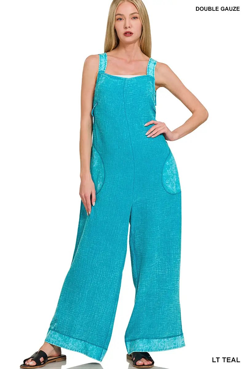 Zenana Zenana Double Gauze Washed Wide Leg Overalls - One-Pieces Zenana Double Gauze Washed Wide Leg Overalls