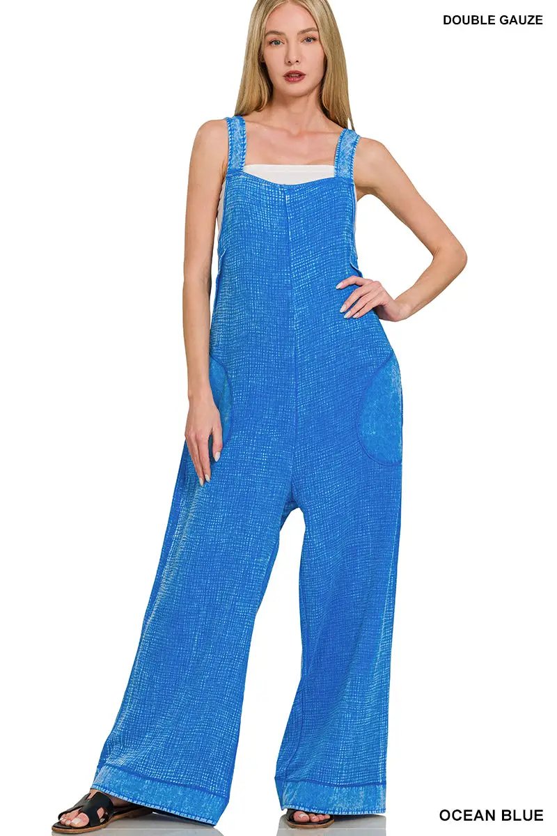 Zenana Zenana Double Gauze Washed Wide Leg Overalls - One-Pieces Zenana Double Gauze Washed Wide Leg Overalls