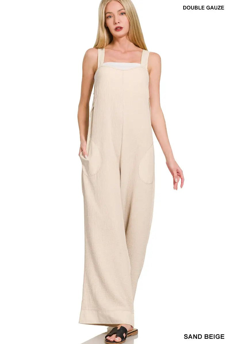 Zenana Zenana Double Gauze Washed Wide Leg Overalls - One-Pieces Zenana Double Gauze Washed Wide Leg Overalls