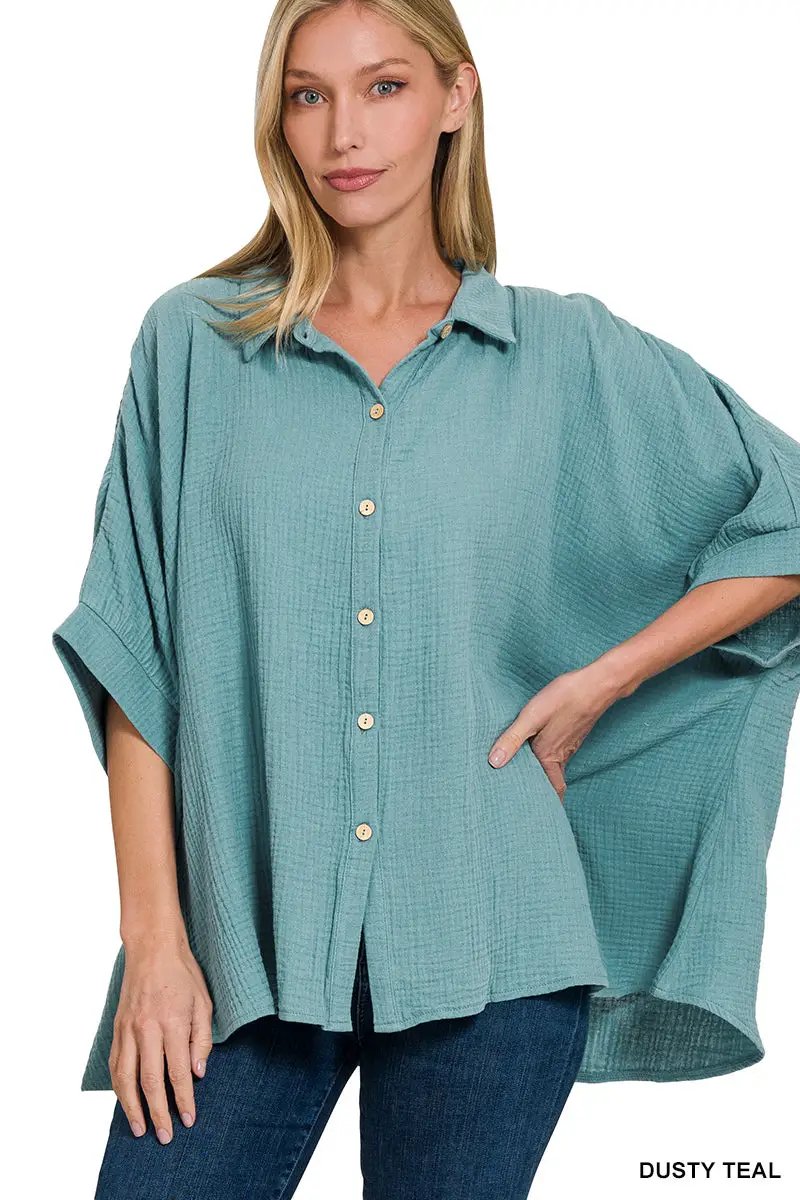 Zenana Double Gauze 3/4 Sleeve Button Up Shirt - Shirts Double Gauze 3/4 Sleeve Button Up Shirt