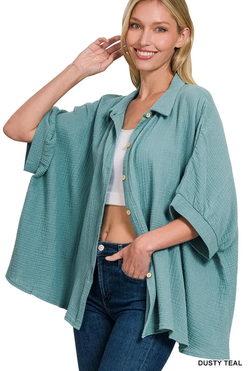 Zenana Double Gauze 3/4 Sleeve Button Up Shirt - Shirts Double Gauze 3/4 Sleeve Button Up Shirt