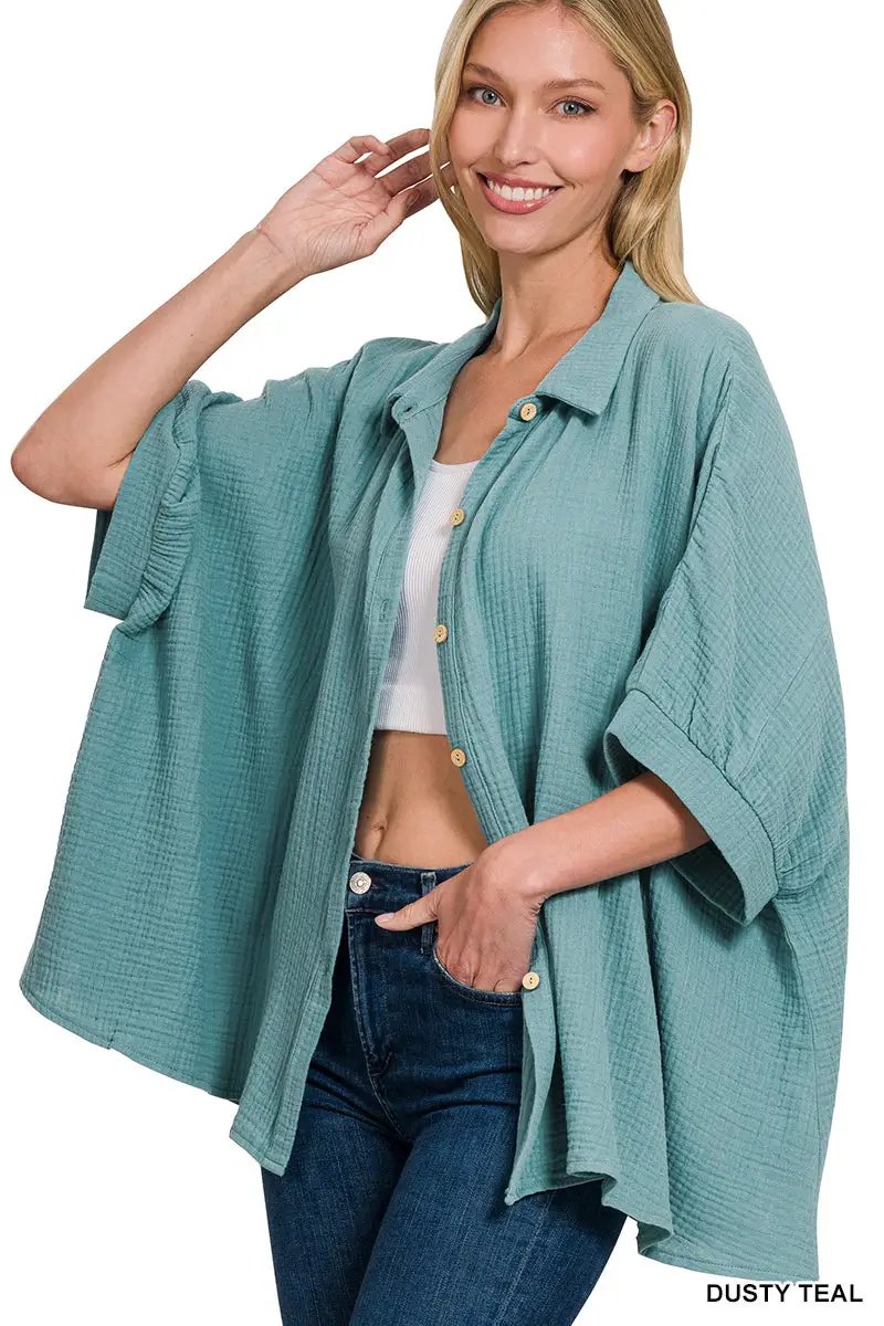 Zenana Double Gauze 3/4 Sleeve Button Up Shirt - Shirts Double Gauze 3/4 Sleeve Button Up Shirt