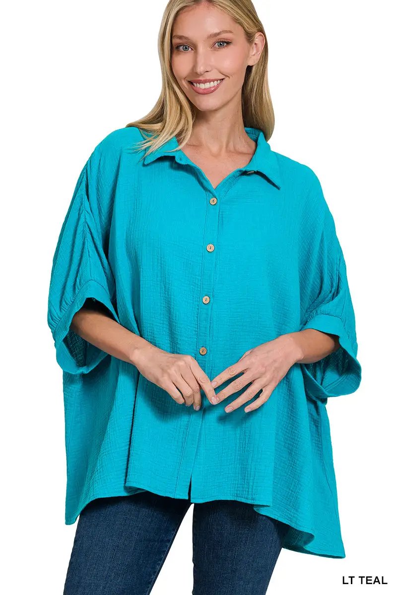 Zenana Double Gauze 3/4 Sleeve Button Up Shirt - Shirts Double Gauze 3/4 Sleeve Button Up Shirt