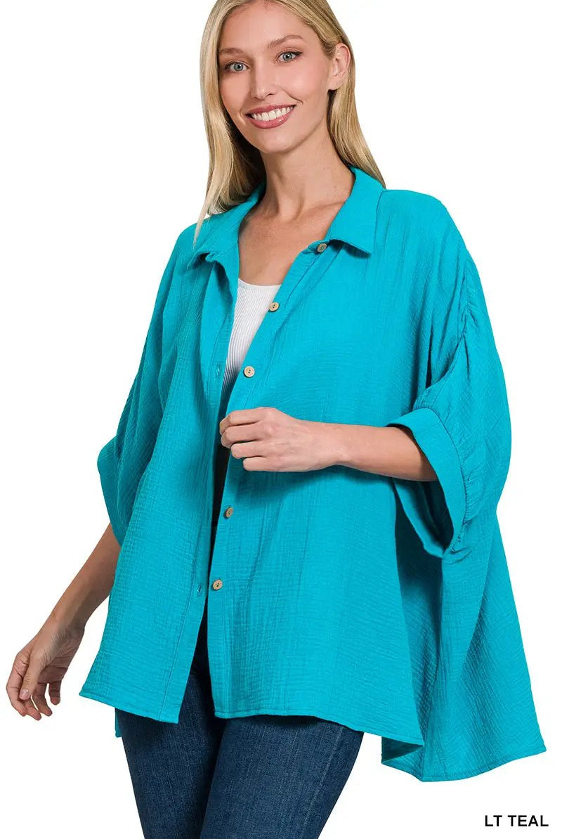 Zenana Double Gauze 3/4 Sleeve Button Up Shirt - Shirts Double Gauze 3/4 Sleeve Button Up Shirt