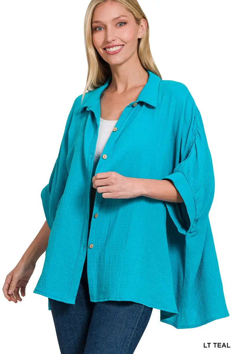 Zenana Double Gauze 3/4 Sleeve Button Up Shirt - Shirts Double Gauze 3/4 Sleeve Button Up Shirt