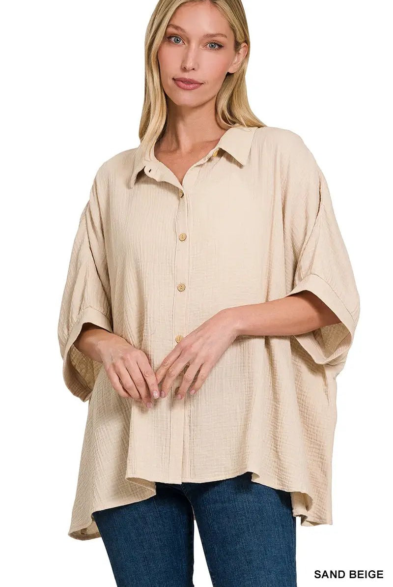 Zenana Double Gauze 3/4 Sleeve Button Up Shirt - Shirts Double Gauze 3/4 Sleeve Button Up Shirt