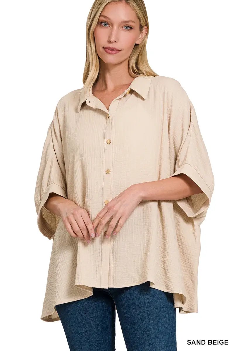 Zenana Double Gauze 3/4 Sleeve Button Up Shirt - Shirts Double Gauze 3/4 Sleeve Button Up Shirt