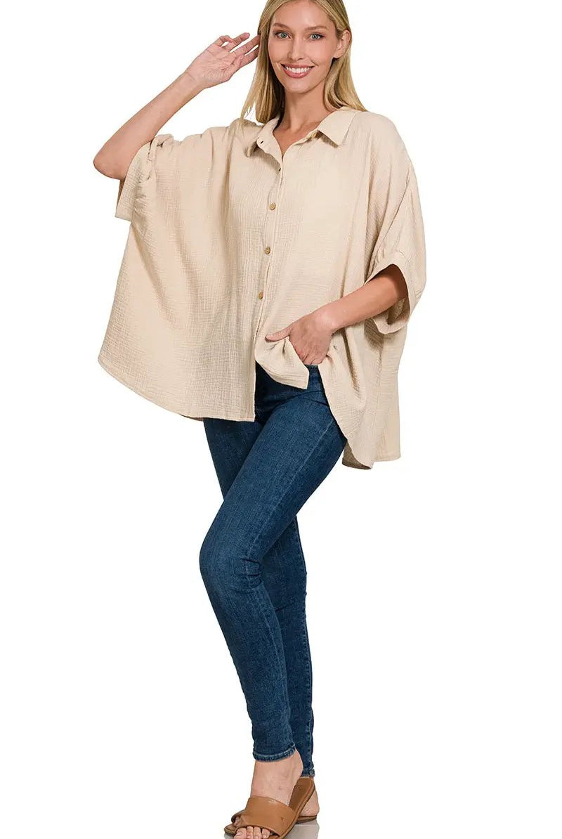 Zenana Double Gauze 3/4 Sleeve Button Up Shirt - Shirts Double Gauze 3/4 Sleeve Button Up Shirt