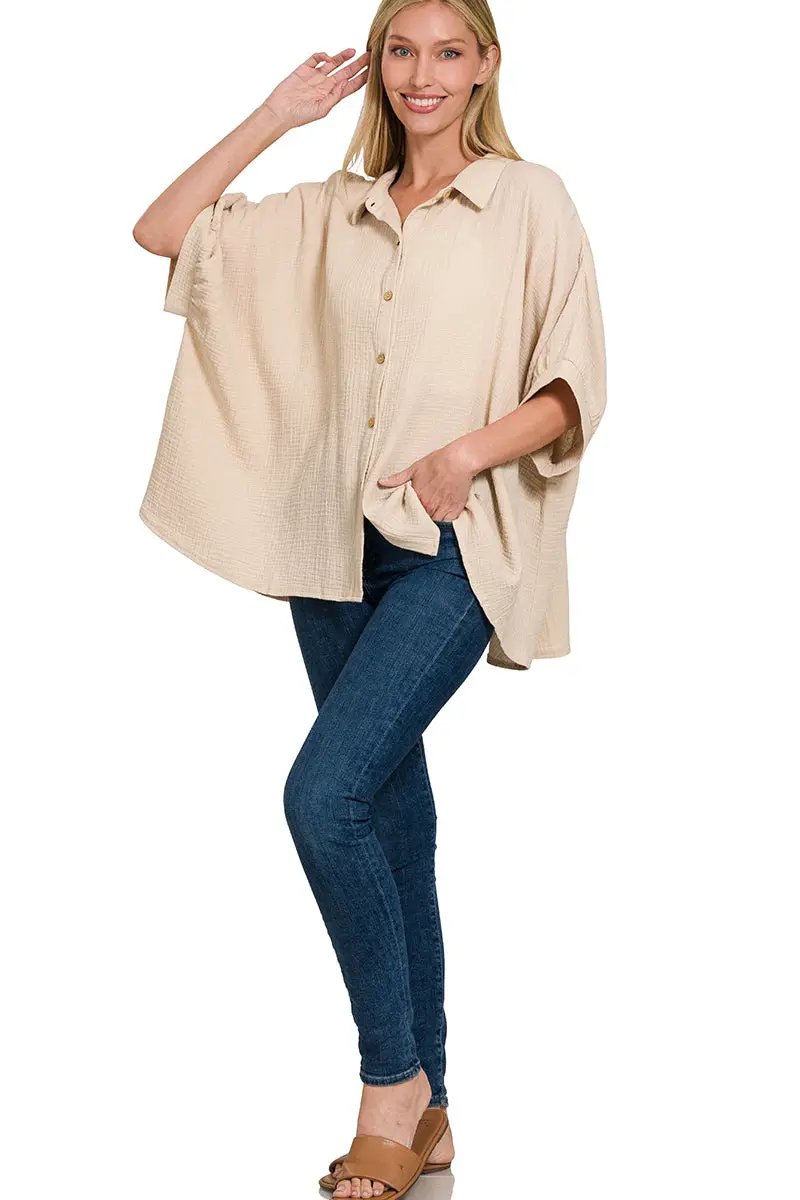 Zenana Double Gauze 3/4 Sleeve Button Up Shirt - Shirts Double Gauze 3/4 Sleeve Button Up Shirt