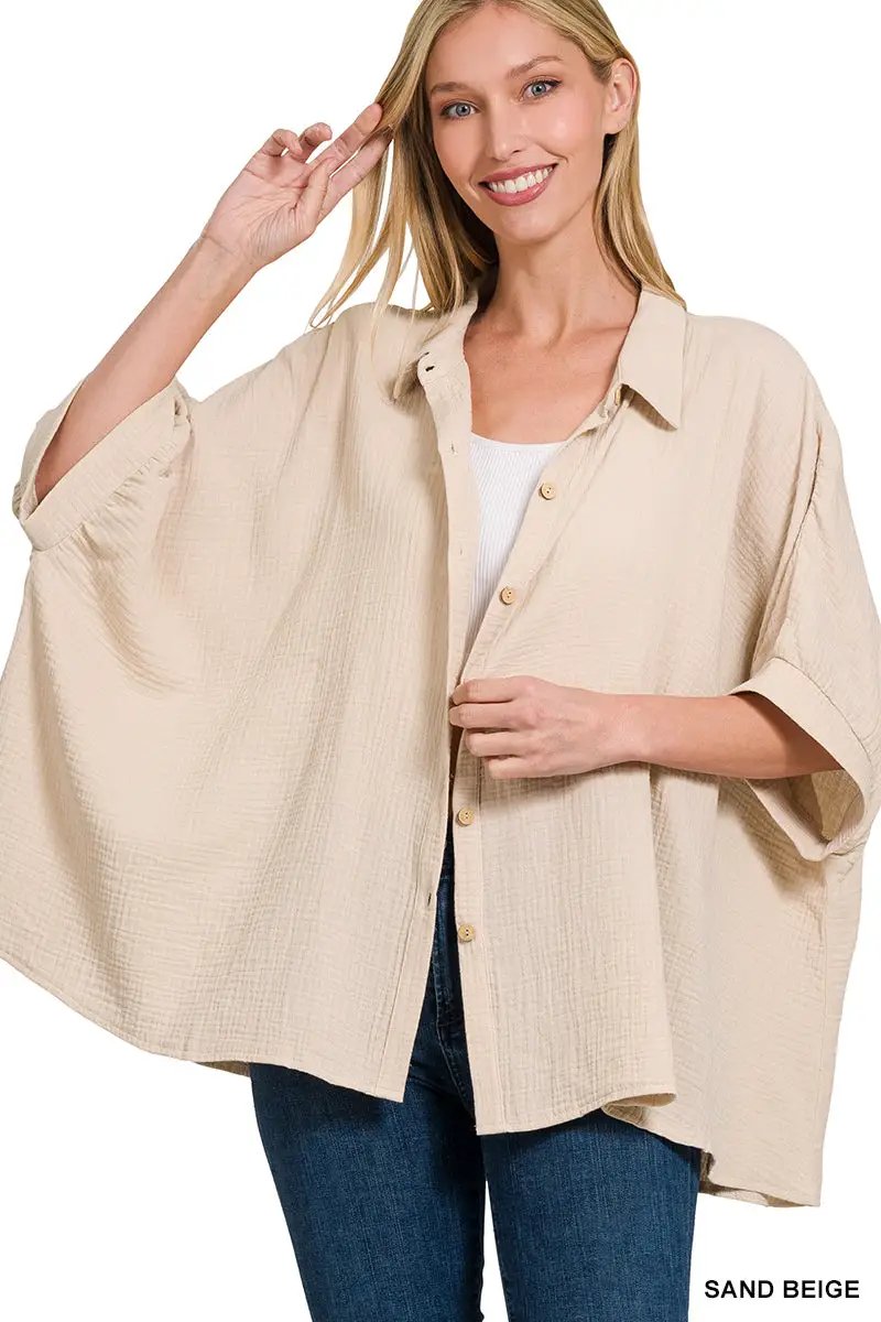 Zenana Double Gauze 3/4 Sleeve Button Up Shirt - Shirts Double Gauze 3/4 Sleeve Button Up Shirt
